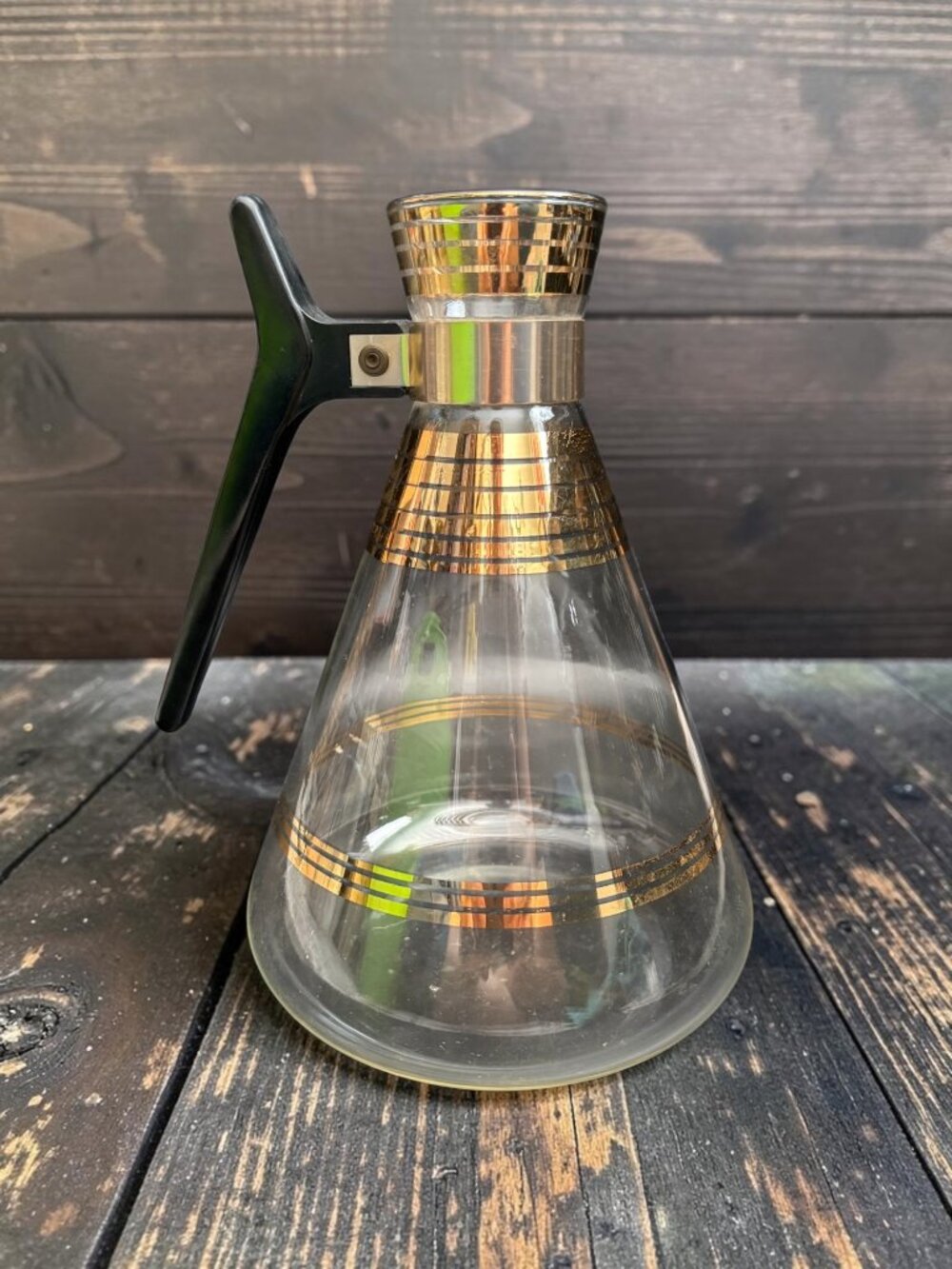Vintage Glass Coffee Carafe With Black Handle & Gold Bands - Mid-Century Modern